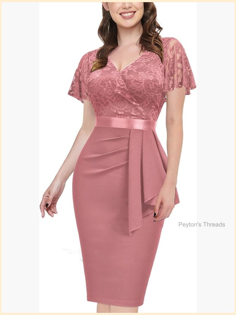 Elegant Floral Lace V Neck Ruffle Cocktail Dress With Butterfly Short Sleeve